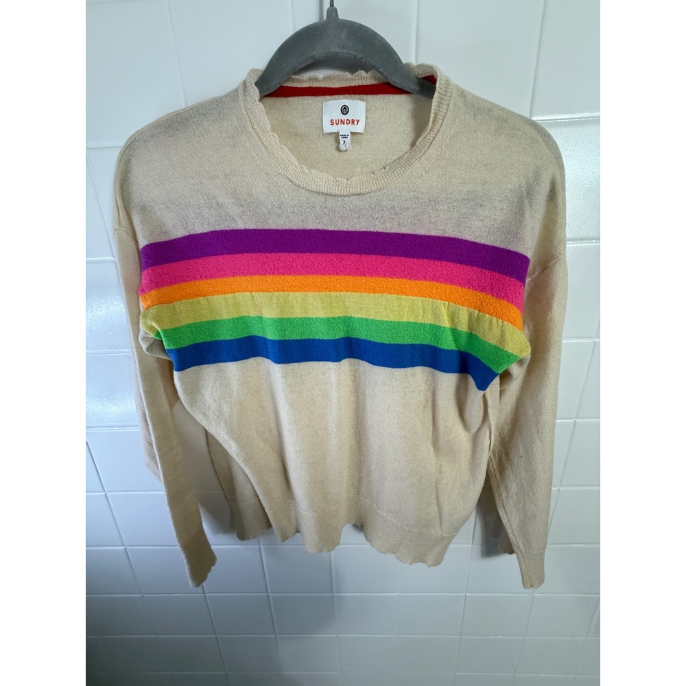 Sundry Womens Wool Cashmere Rainbow Stripe Scallop Trim Sweater Cream Size 0 - Picture 2 of 7